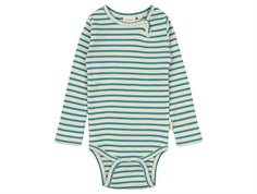 Stribet langærmet body fra Petit Piao i farverne mørk råhvid med turkis PP301 turquoise dark off white